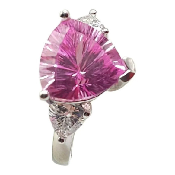 Sterling Silver .925 Lab Pink Sapphire CZ Triangle Cocktail Ring Size 6 - Picture 2 of 7